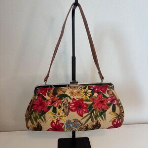 Elka Accessories Tropical Floral Beaded Canvas Frame Handbag Shoulder Bag Red